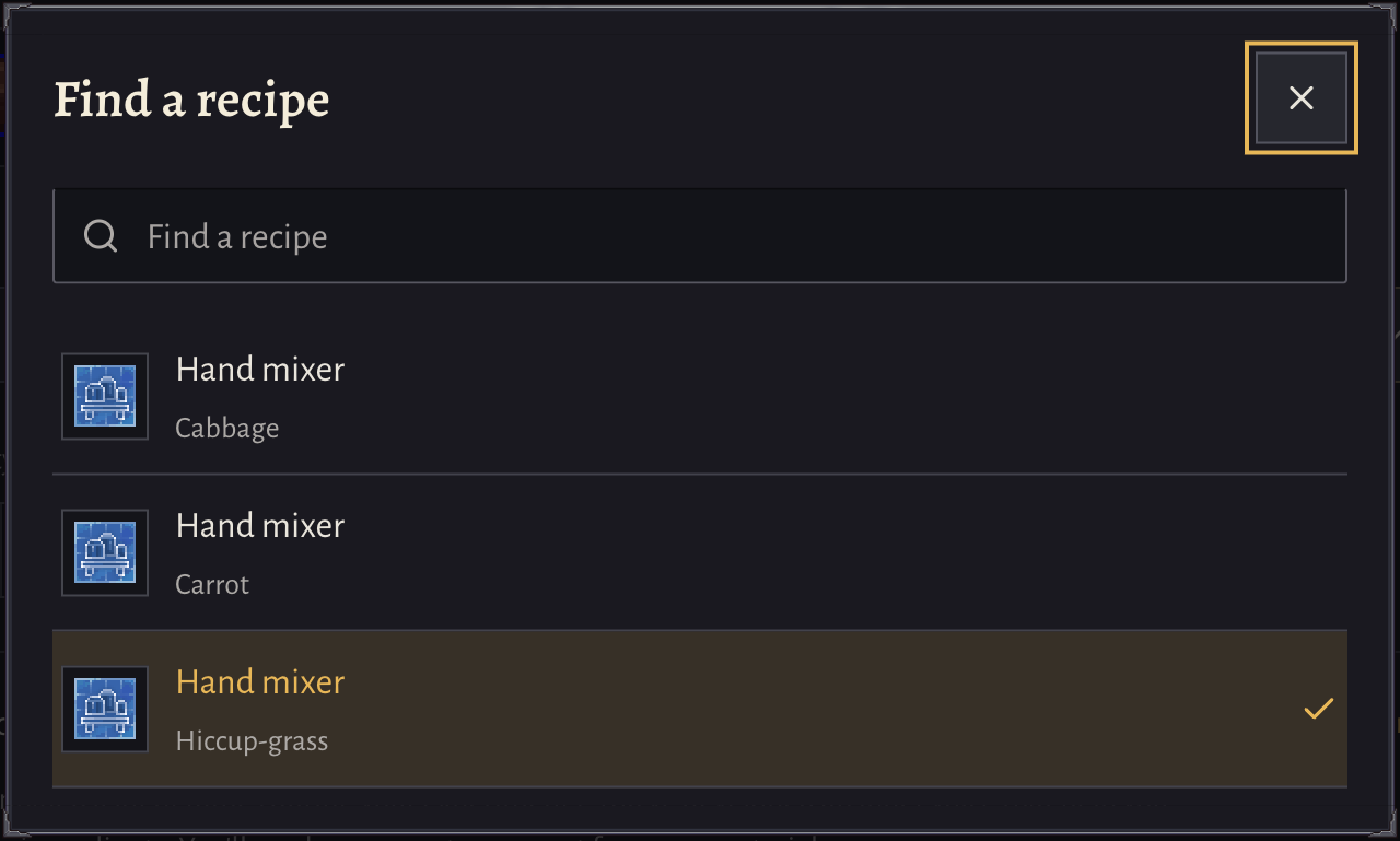 Hand mixer recipe choices with Hiccup-grass selected