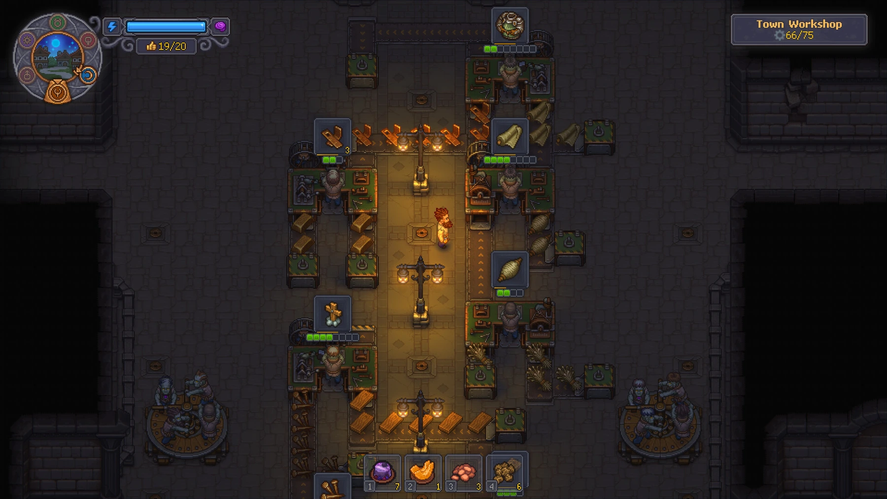 Zombie workers operate machines in the underground Town Workshop.