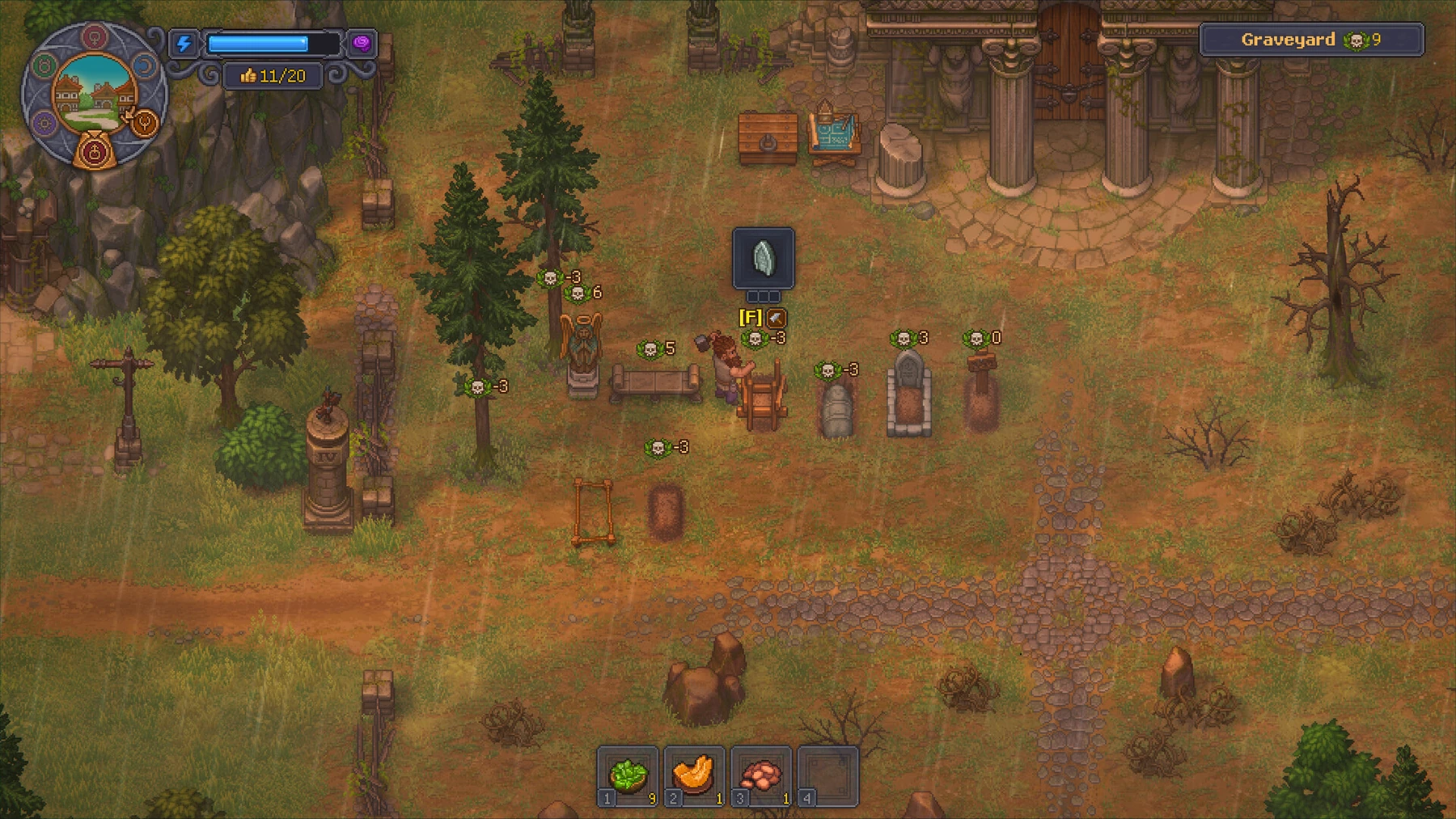 Graves and their quality markers outside the church in Graveyard Keeper 2.