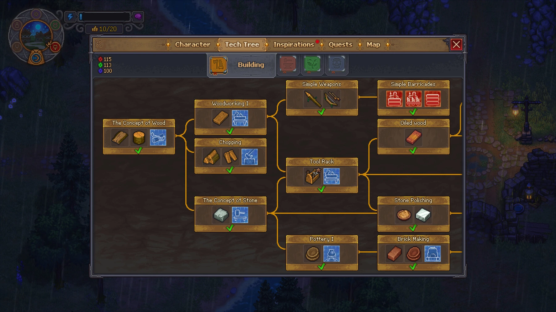 The Building branch of the Graveyard Keeper 2 Tech Tree, with connected weapon and construction unlocks.