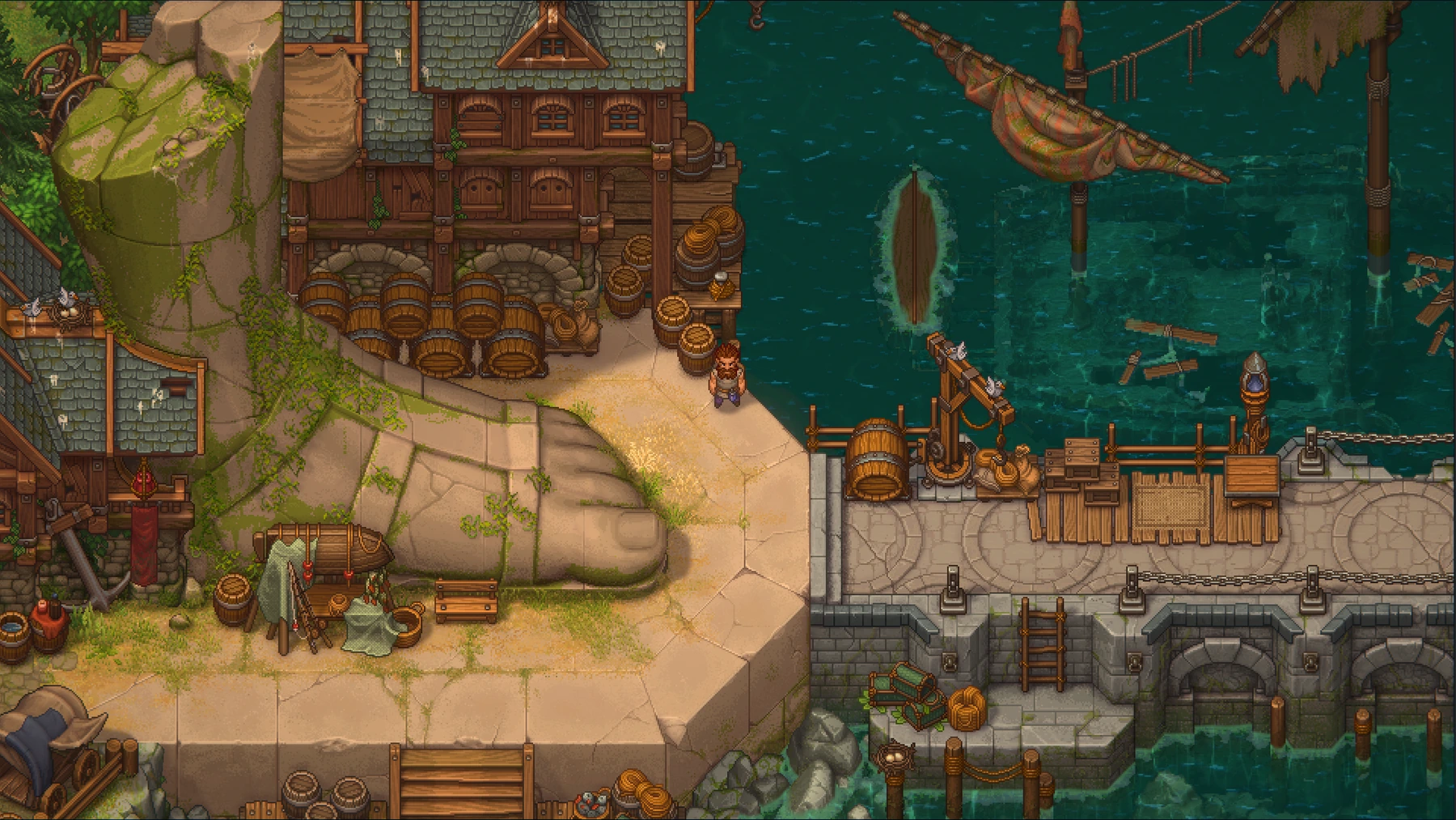 Town buildings and a waterfront quay with boats and stacked barrels.