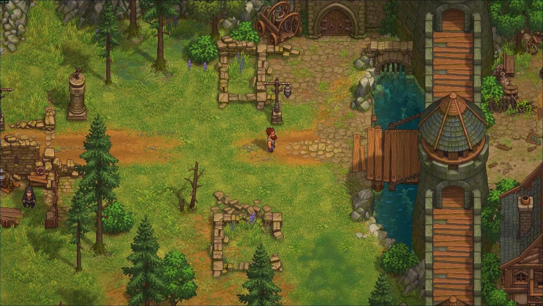 The Keeper explores stone paths and ruined walls near the Town entrance.