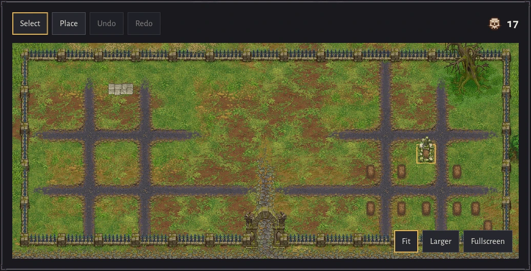 The full cemetery with its western plots open, a stone perimeter and a planned marble path