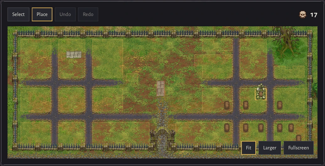 The cemetery placement view marks usable plots and rejects marble flagstones on the central path